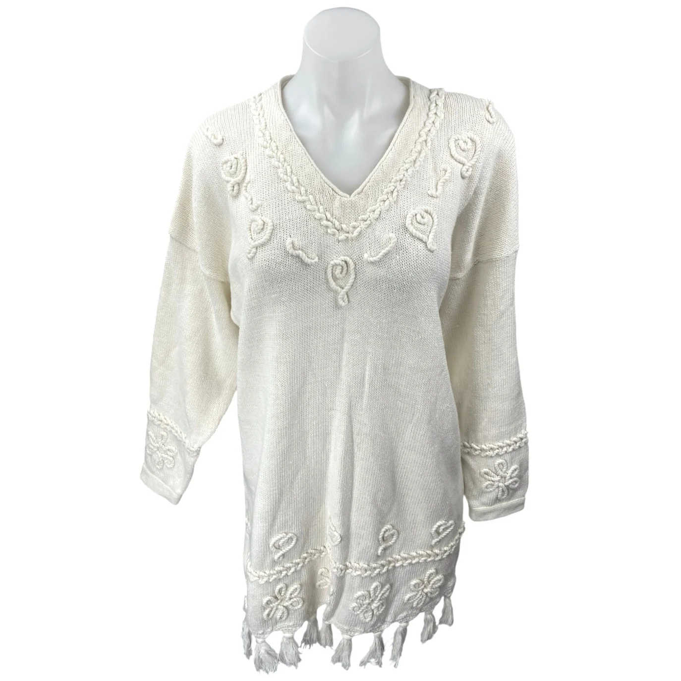 Style New York Cream Long Sleeve 3D V Neck Tassel Mini Sweater Dress Size L