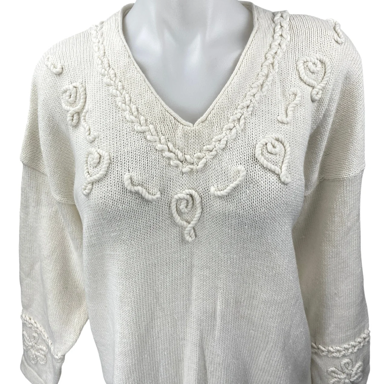 Style New York Cream Long Sleeve 3D V Neck Tassel Mini Sweater Dress Size L - Image 3