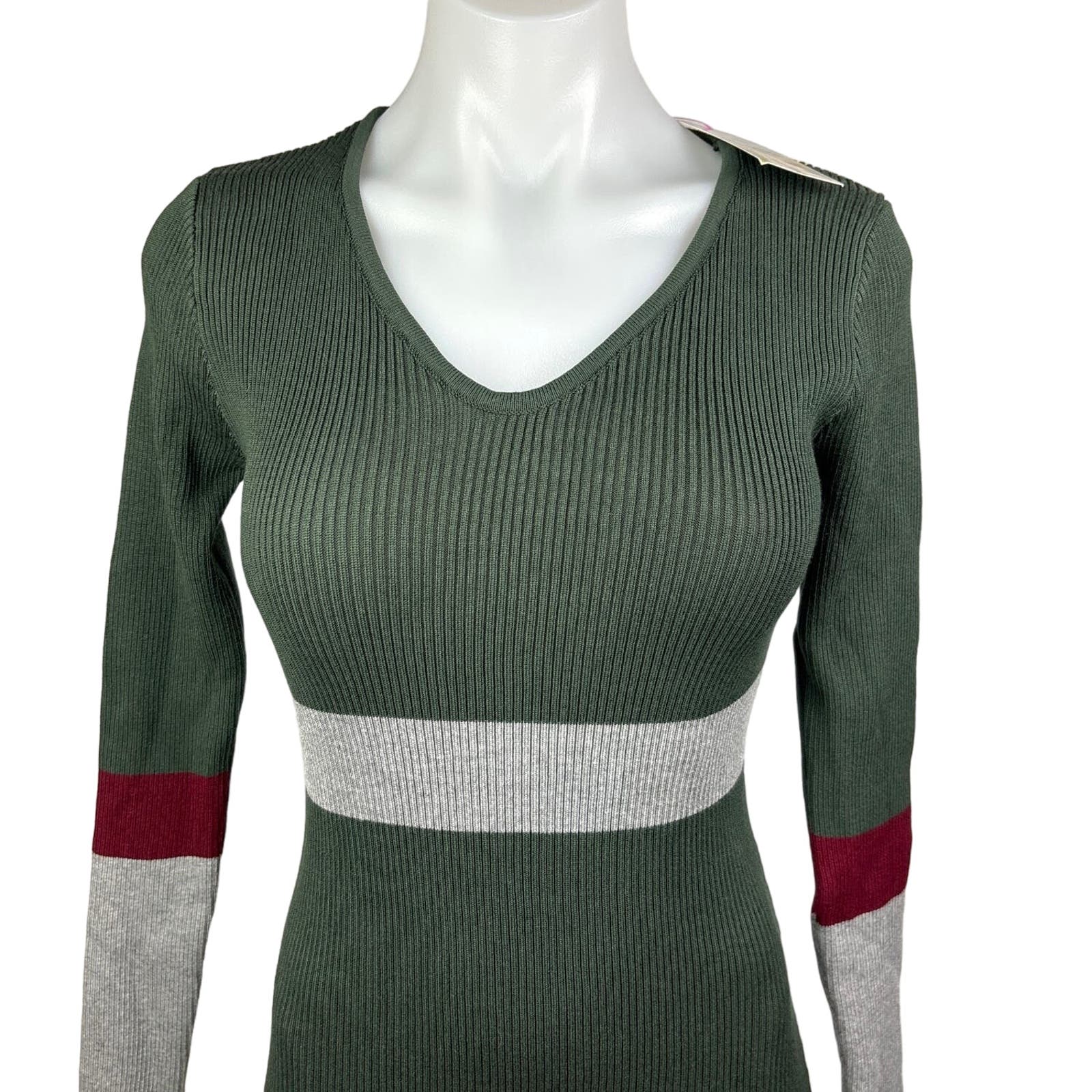 Sundays Soho NWT $79 Green Ribbed Knit V Neck Colorblock Bodycon Midi Dress S - Image 5