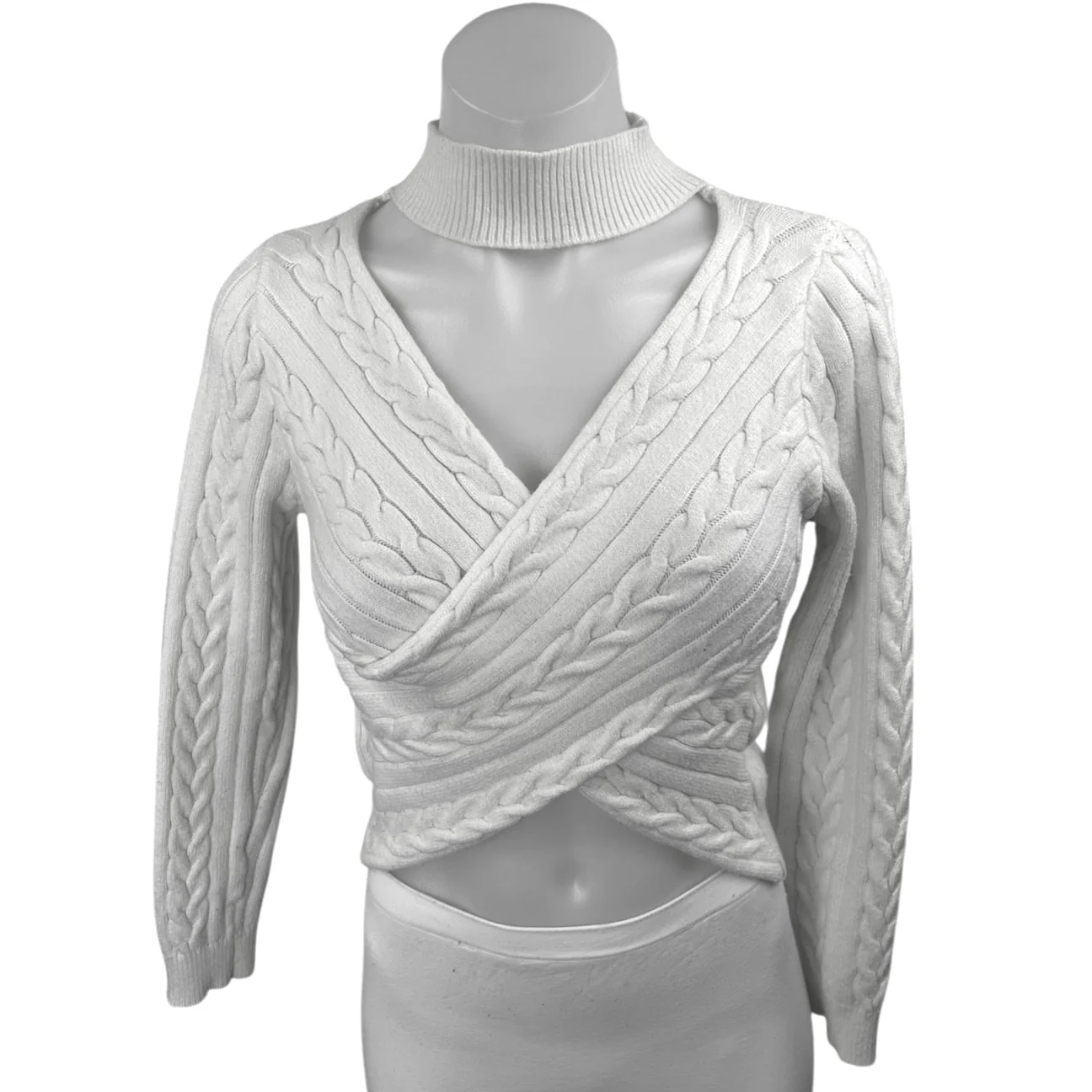 Superdown White Cable Knit Long Sleeve Criss Cross Cropped Sweater Top Size M