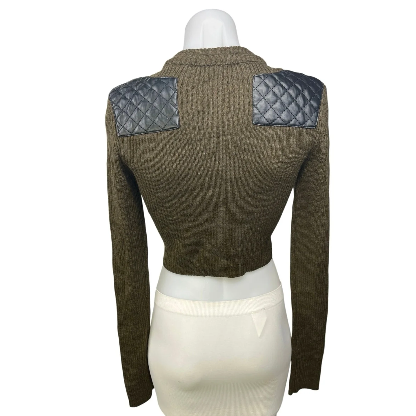 The Kooples Khaki Green Wool Ribbed Leather Insert Pullover Crop Sweater Top S - Image 2