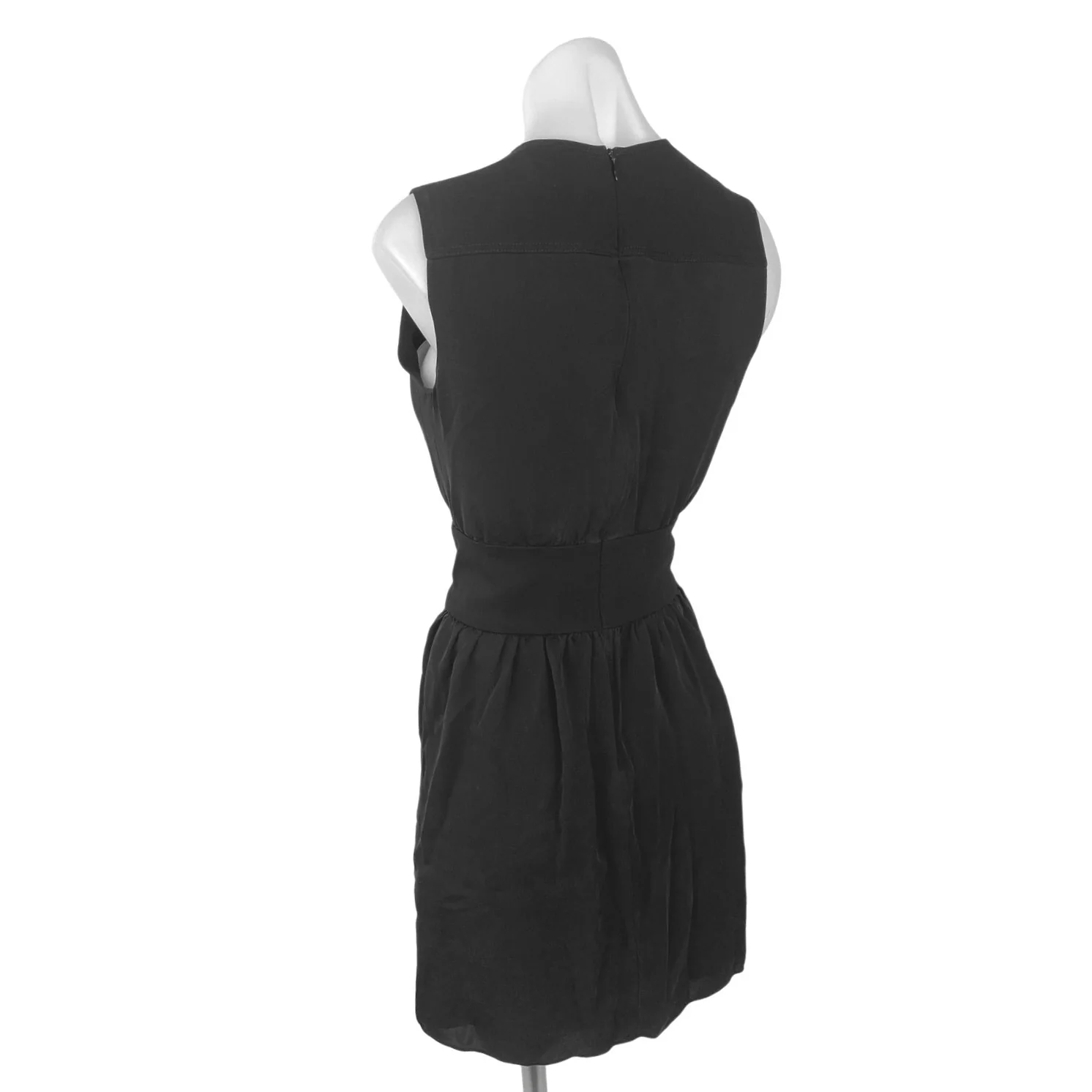 Theory Black 100% Silk Crew-Neck Sleeveless Shirred A-Line Mini Shift Dress Sz 2 - Image 2