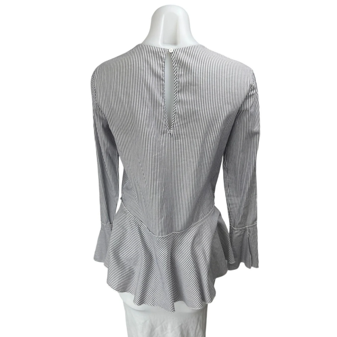 Theory Lexanda Mason White Blue Striped Long Bell Sleeve Peplum Blouse Top Sz XS - Image 2