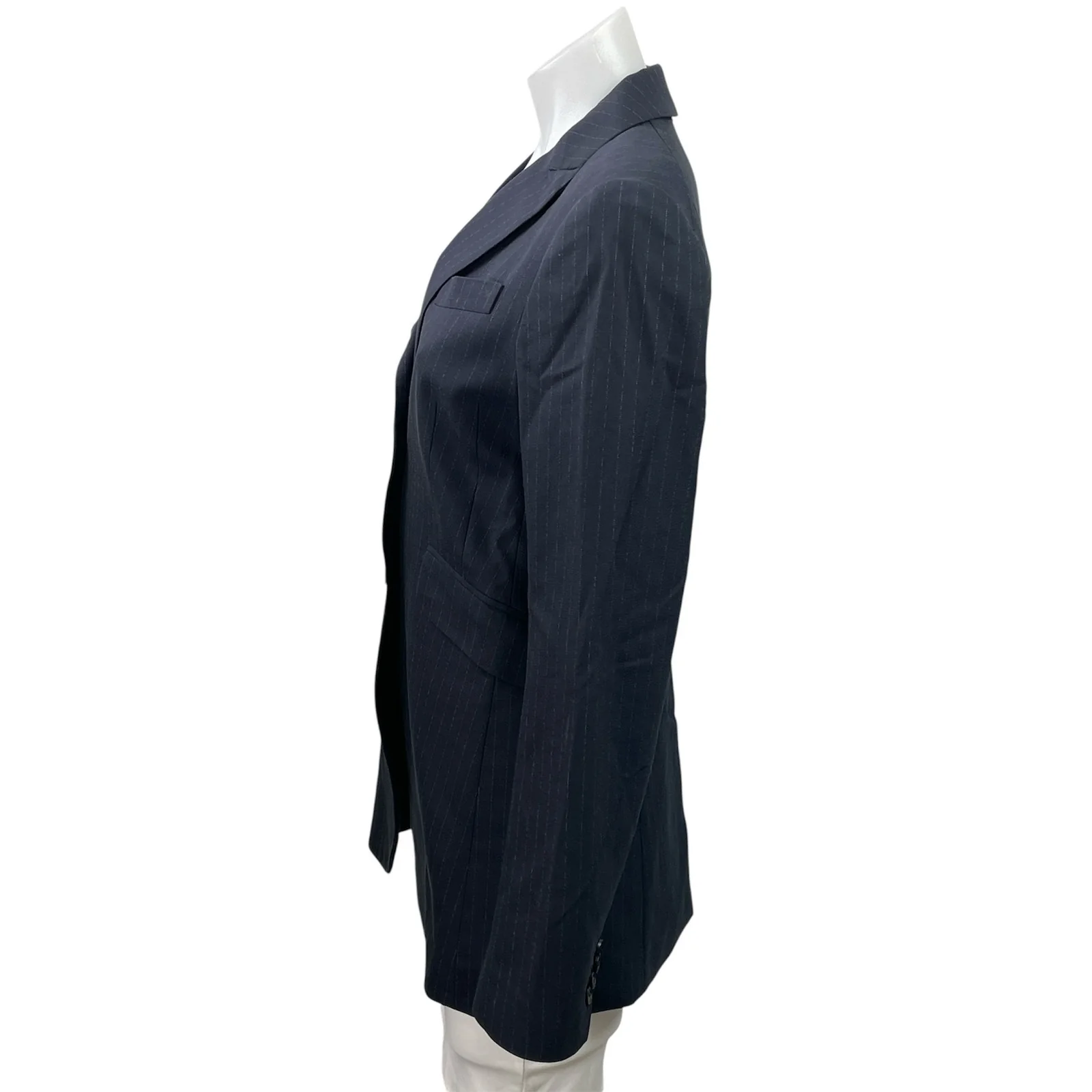 Theory Women's Navy Blue Pinstriped Peak Lapel Blazer Coat Suit Jacket Size 8 - Image 2