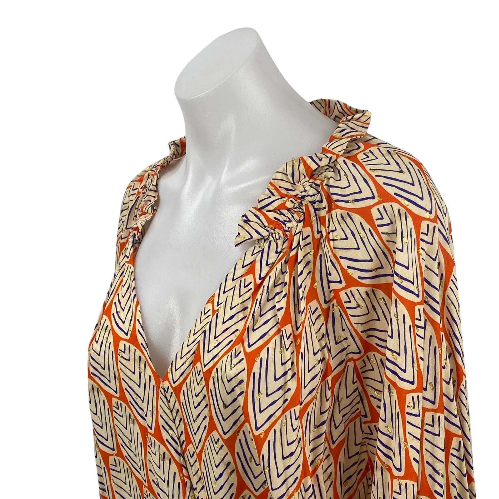 Tinley Women's Coral Leaf Abstract V Neck Ruffle Long Sleeve Blouse Top Size M - Image 2
