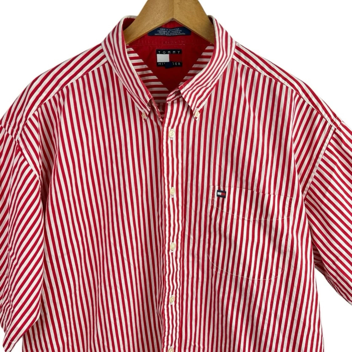 Tommy Hilfiger Men Red White Striped Short Sleeve Button Down Shirt Top Size XL - Image 3