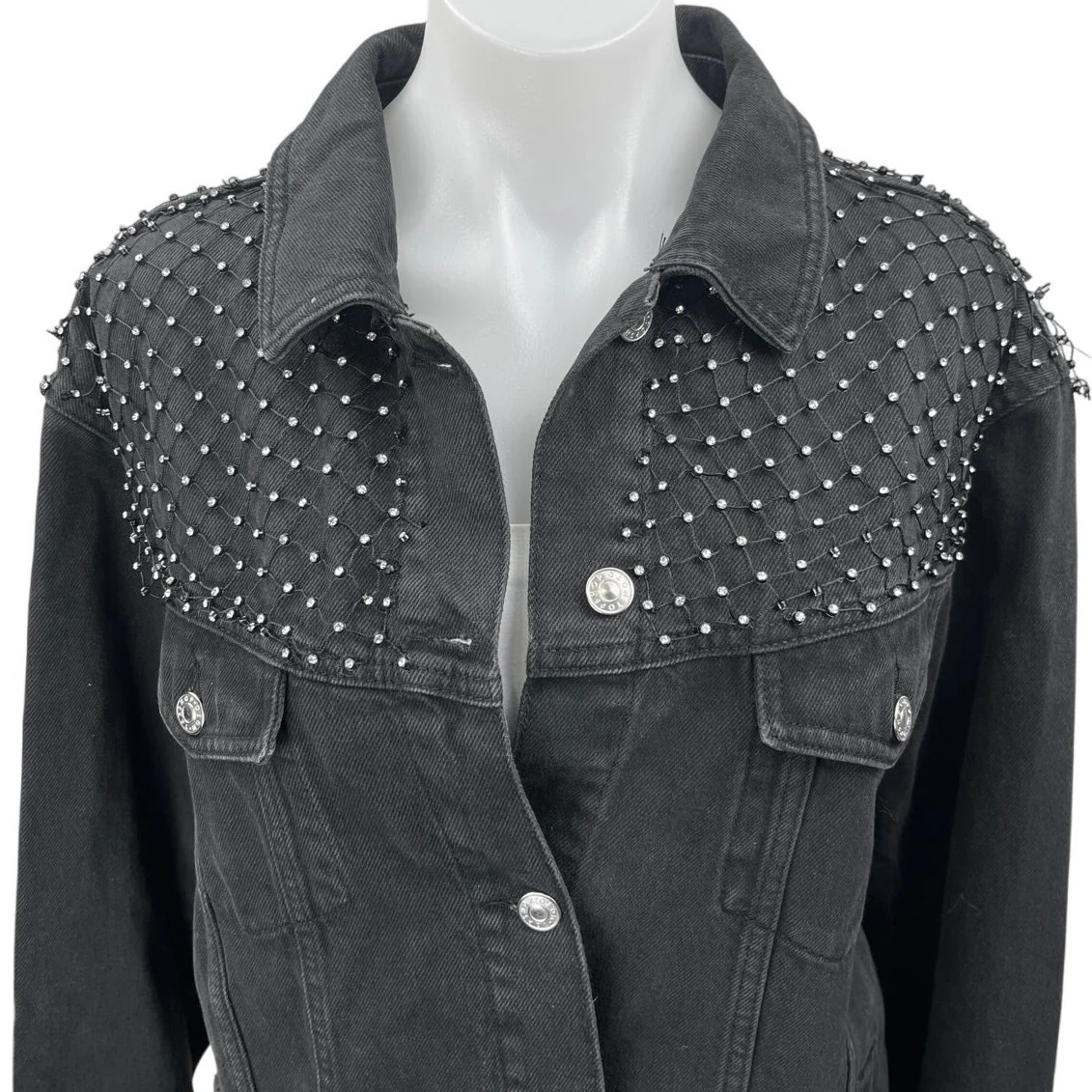 Topshop Black Rhinestone Embellished Button Denim Jeans Moto Coat Jacket Size 10 - Image 3