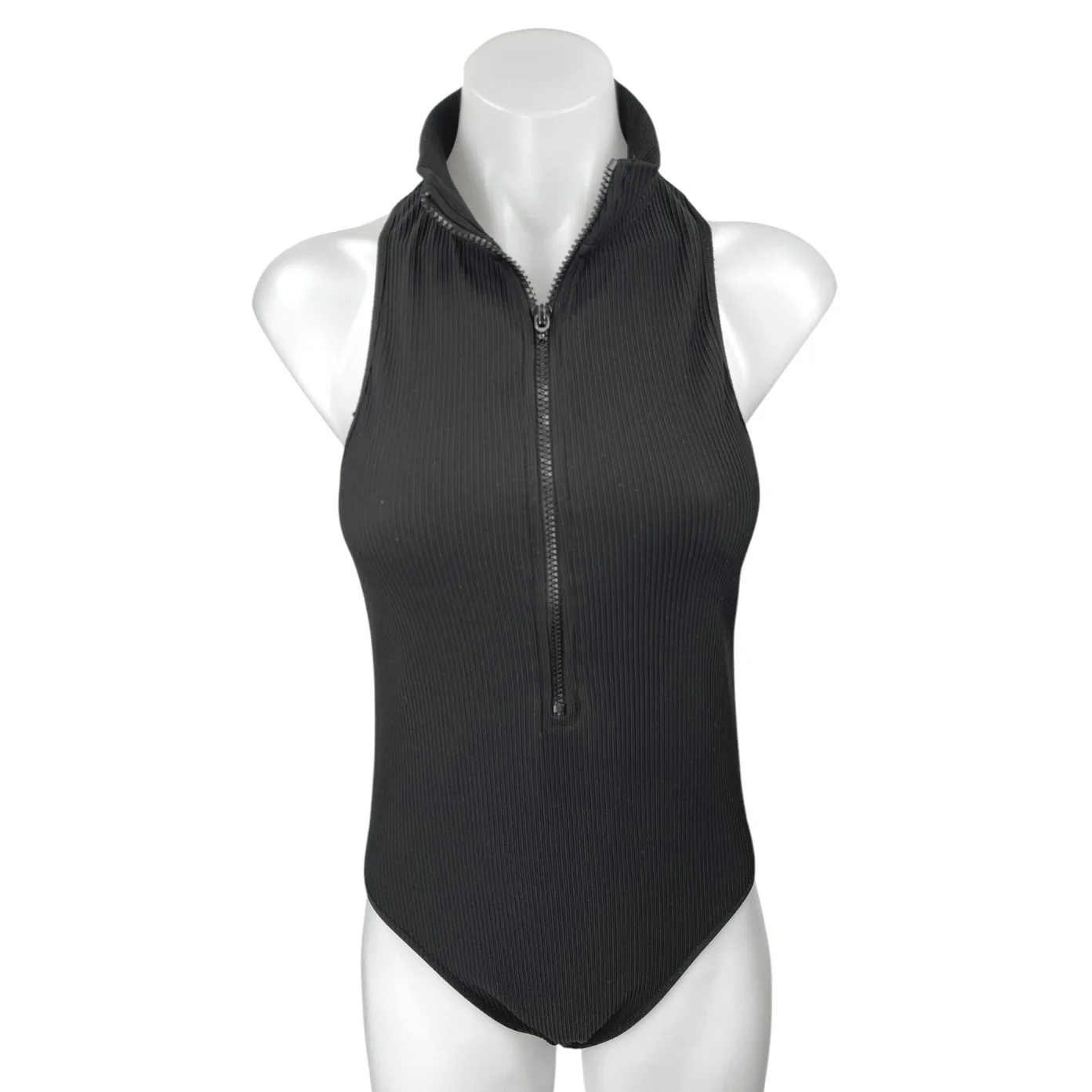 Topshop Black Rib Knit Sleeveless Zip Racerback Bodysuit Polo Sweater Tank Top 8