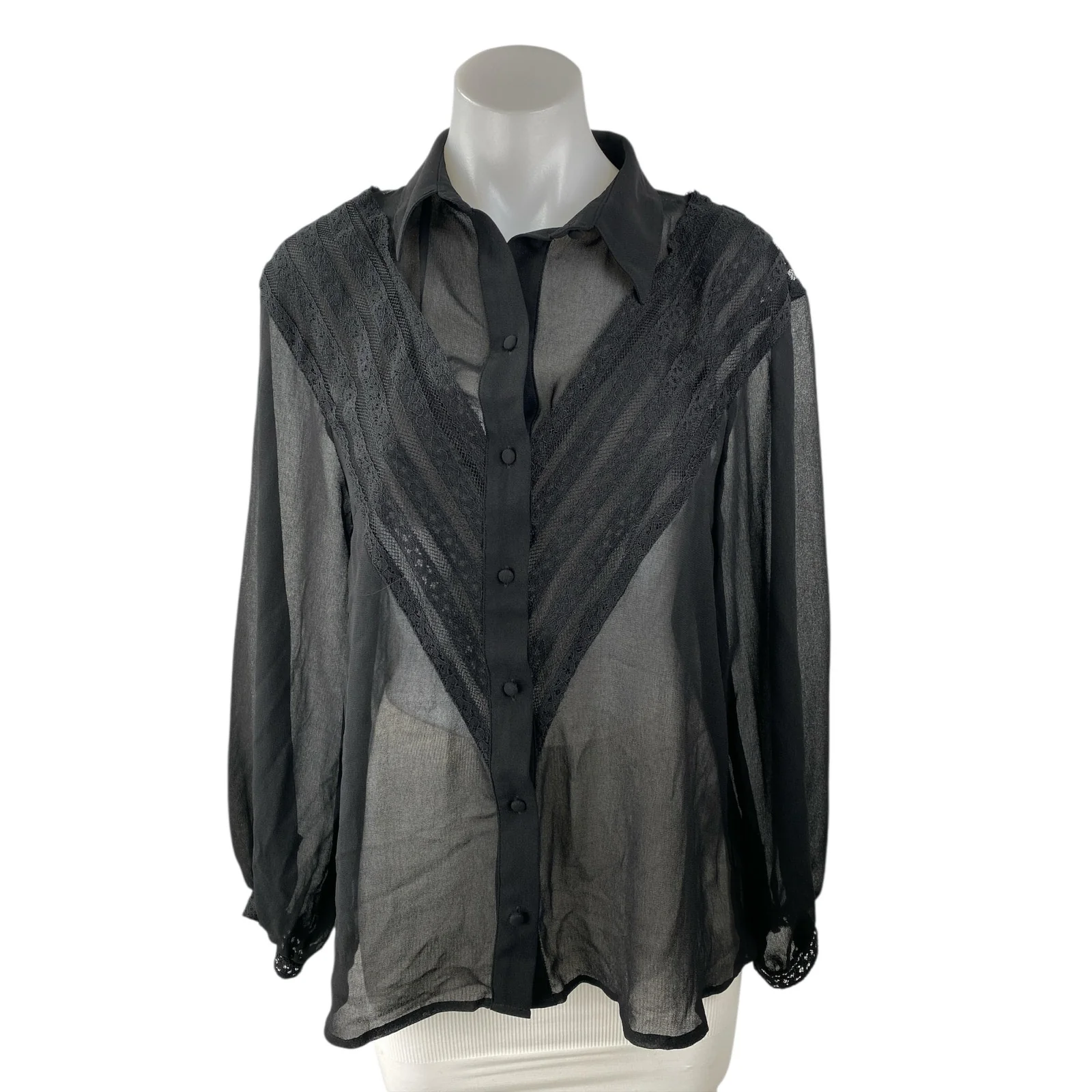 Topshop Black Sheer V-shaped Lace Panel Mesh Long Sleeve Button Up Shirt Top 6
