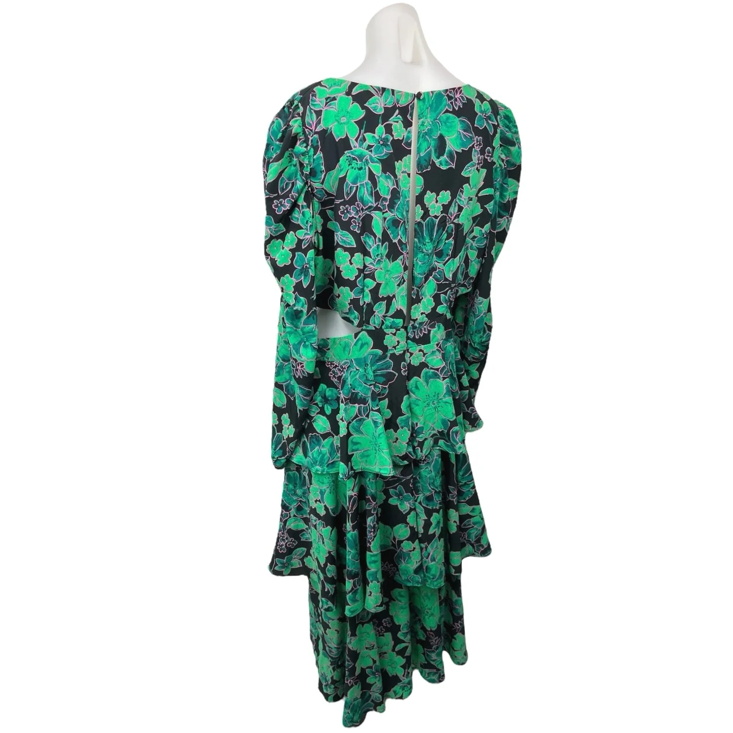Topshop Green Black Floral V-neck Cutout Tiered Long Sleeve Midi A-line Dress 12 - Image 2