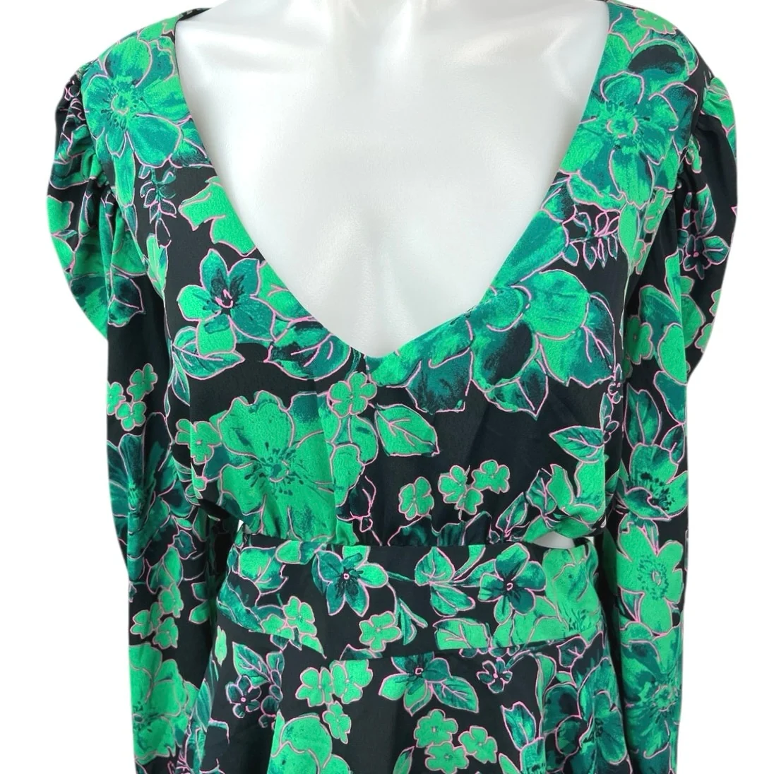 Topshop Green Black Floral V-neck Cutout Tiered Long Sleeve Midi A-line Dress 12 - Image 3