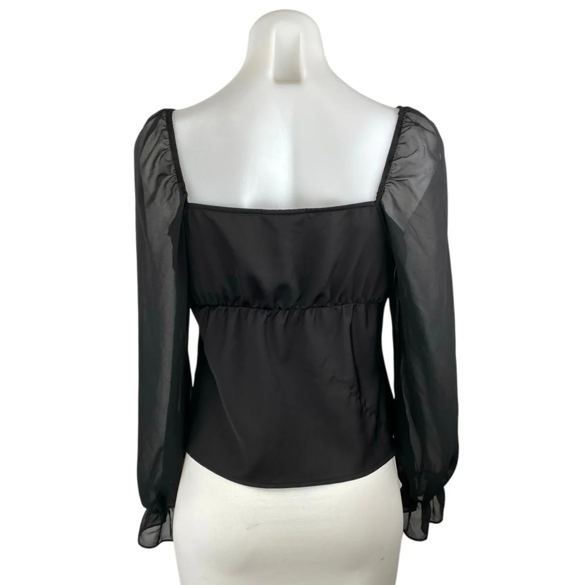 Topshop Women's Black Ruffle Ruched Front Sheer Long Puff Sleeve Blouse Top Sz 4 - Image 3