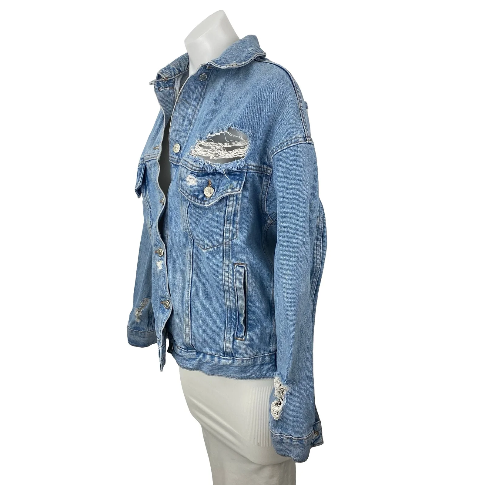 Topshop Women's Blue Distressed Long Sleeve Button Down Denim Jean Jacket Size 2 - Image 2