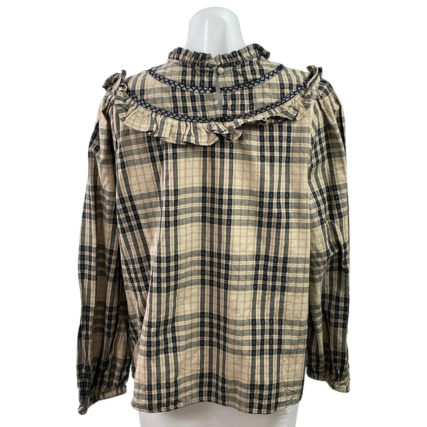 Tu Clothing Women's Beige Plaid Flannel Long Sleeve Ruffle Blouse Top Size 16 - Image 3