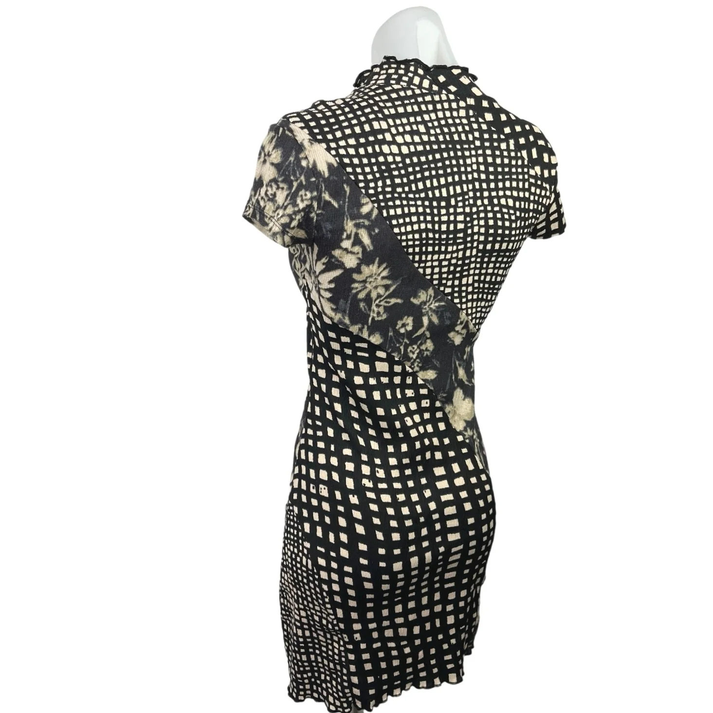 Urban Outfitters Black Beige Ruffle Lettuce Mockneck Floral Bodycon Mini Dress S - Image 2