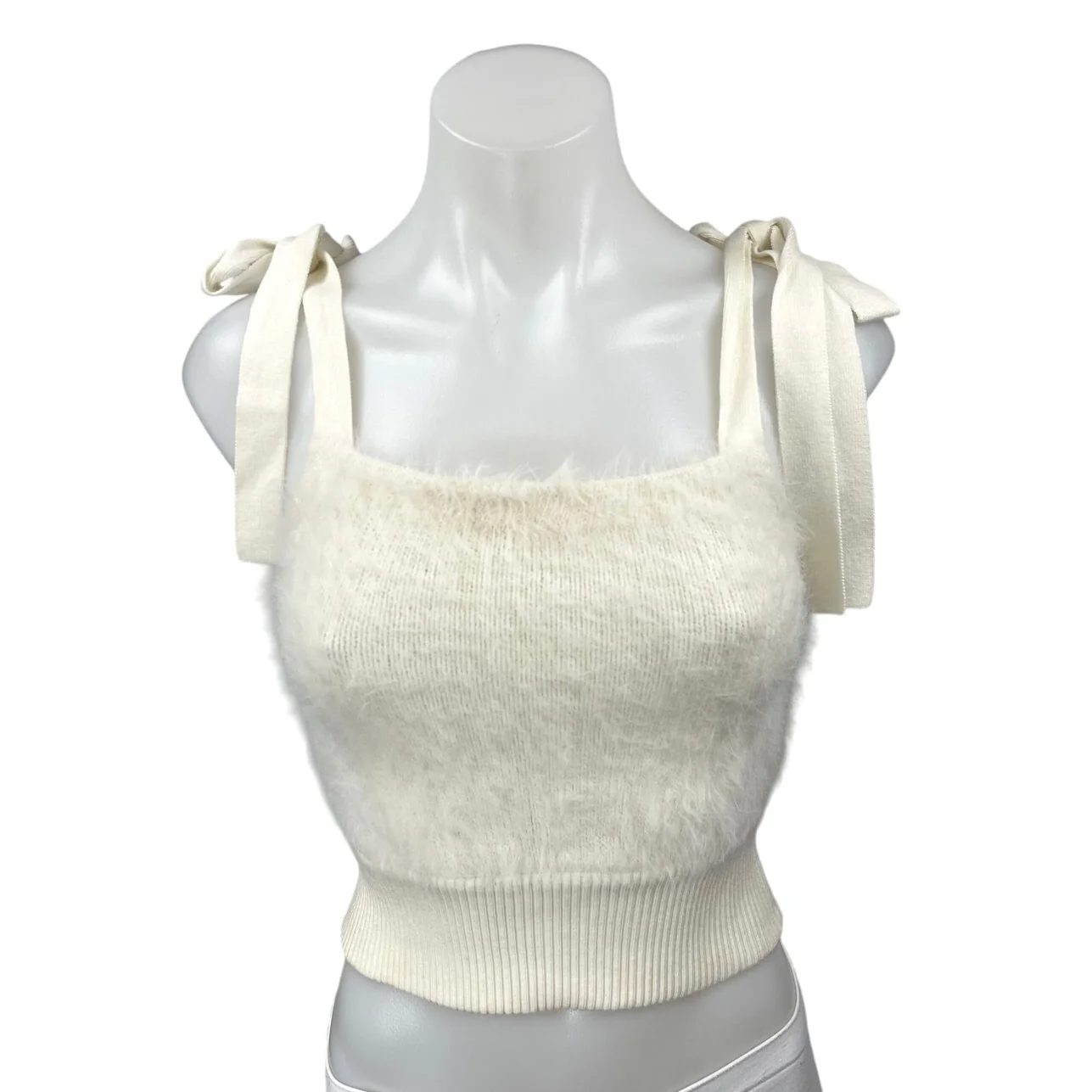 Urban Outfitters Cream Sleeveless Faux Fur Tie Strap Knit Crop Tank Top Size M