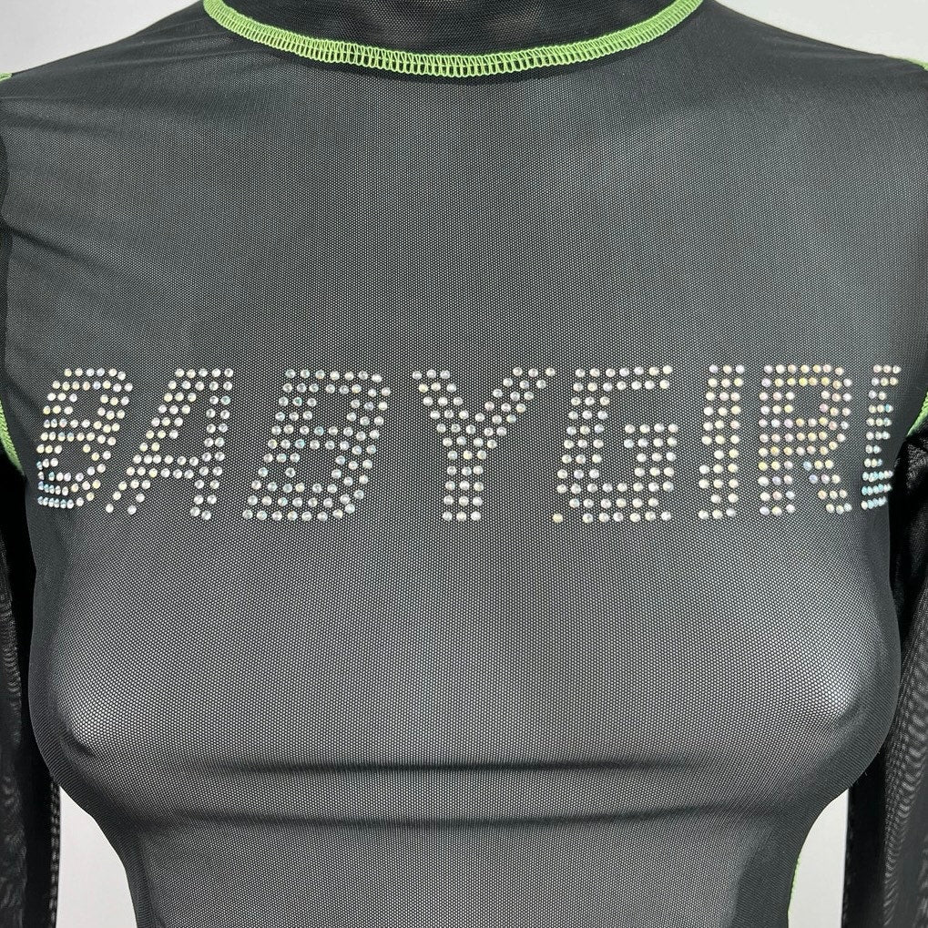 Urban Outfitters Womens Black Babygirl Rhinestone Mesh Long-Sleeve Crop Top XS - Image 3