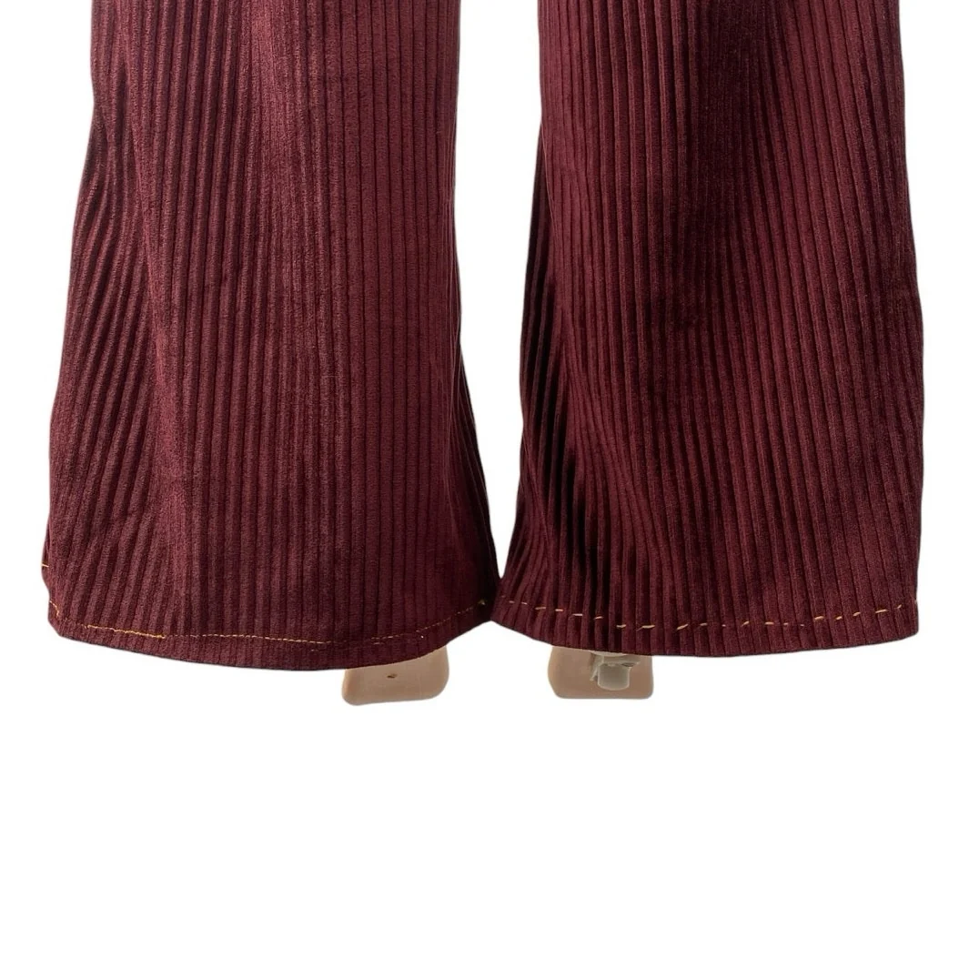 Urban Outfitters Womens Red Burgundy Ribbed Velvet Kick Flare Trousers Pants 2 - Image 3