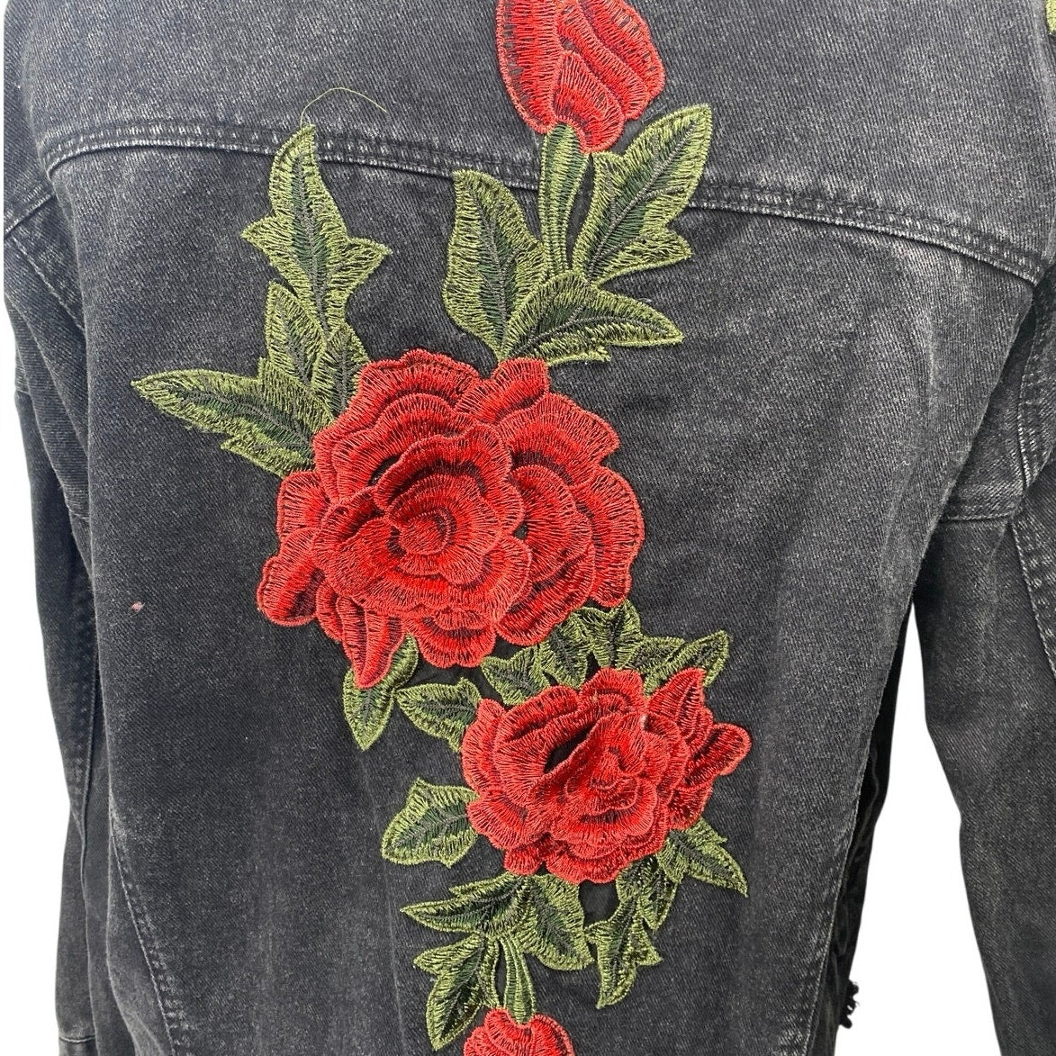 Vera & Lucy Black Floral Embroidered Button Down Distressed Denim Jeans Jacket M - Image 3