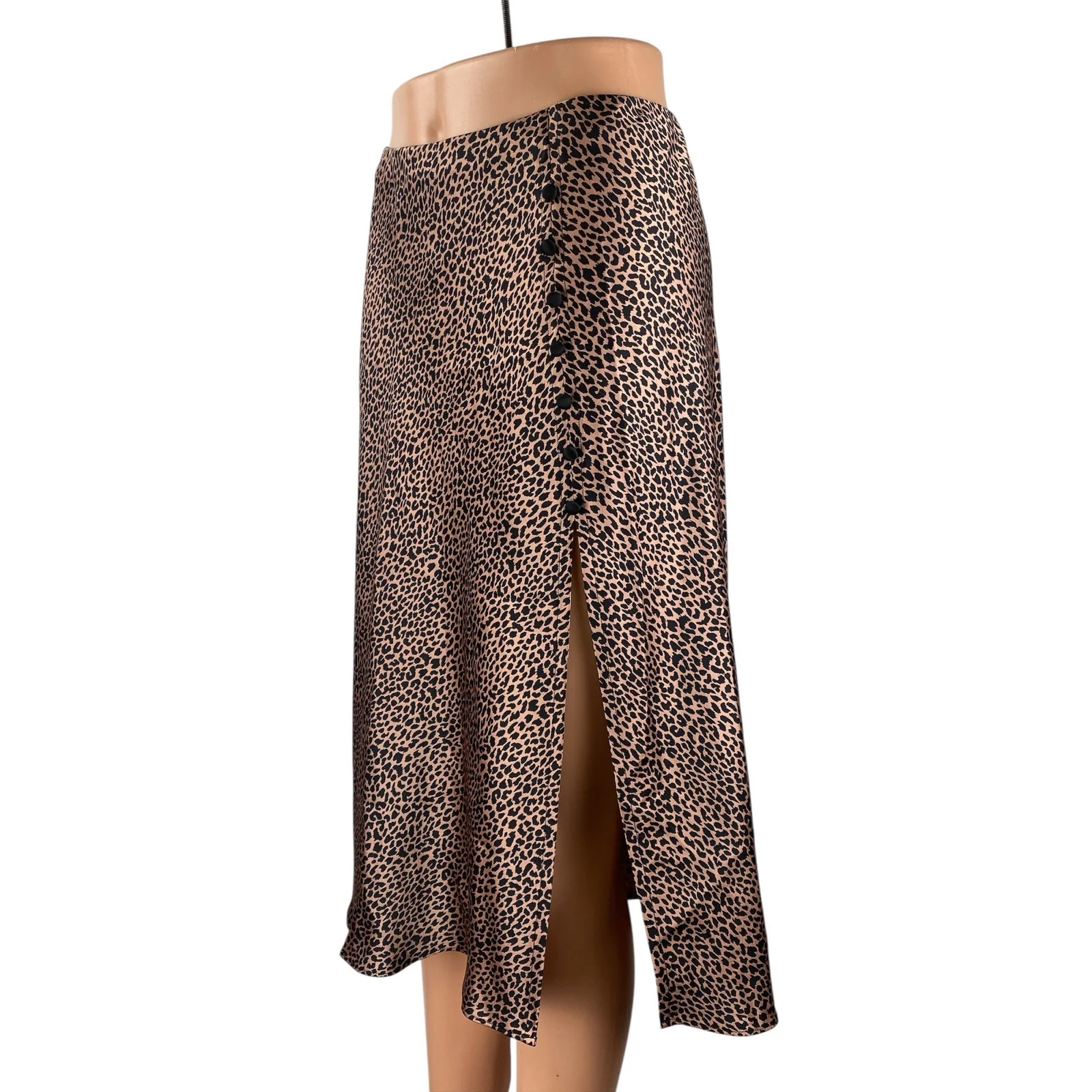 Victoria's Secret Beige Cheetah Silk Satin Side Button Midi A-Line Slip Skirt S - Image 3