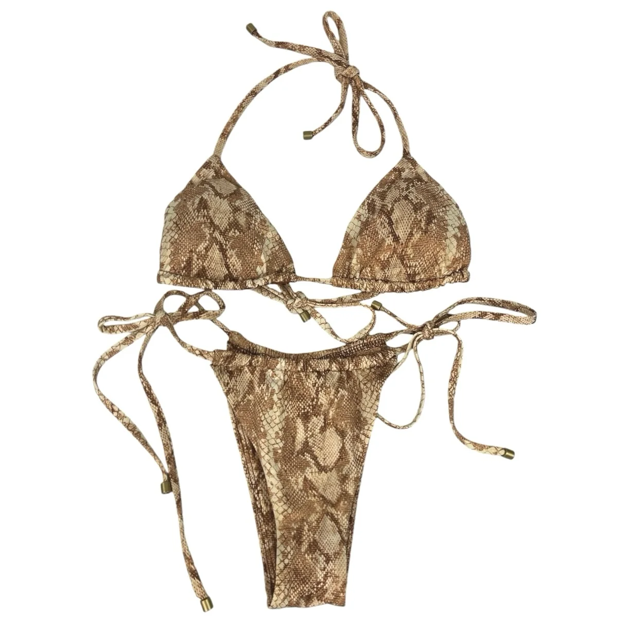 Vitamin A Tan Snakeskin Halter Tie Adjustable Triangle Two Piece Bikini Set Sz S