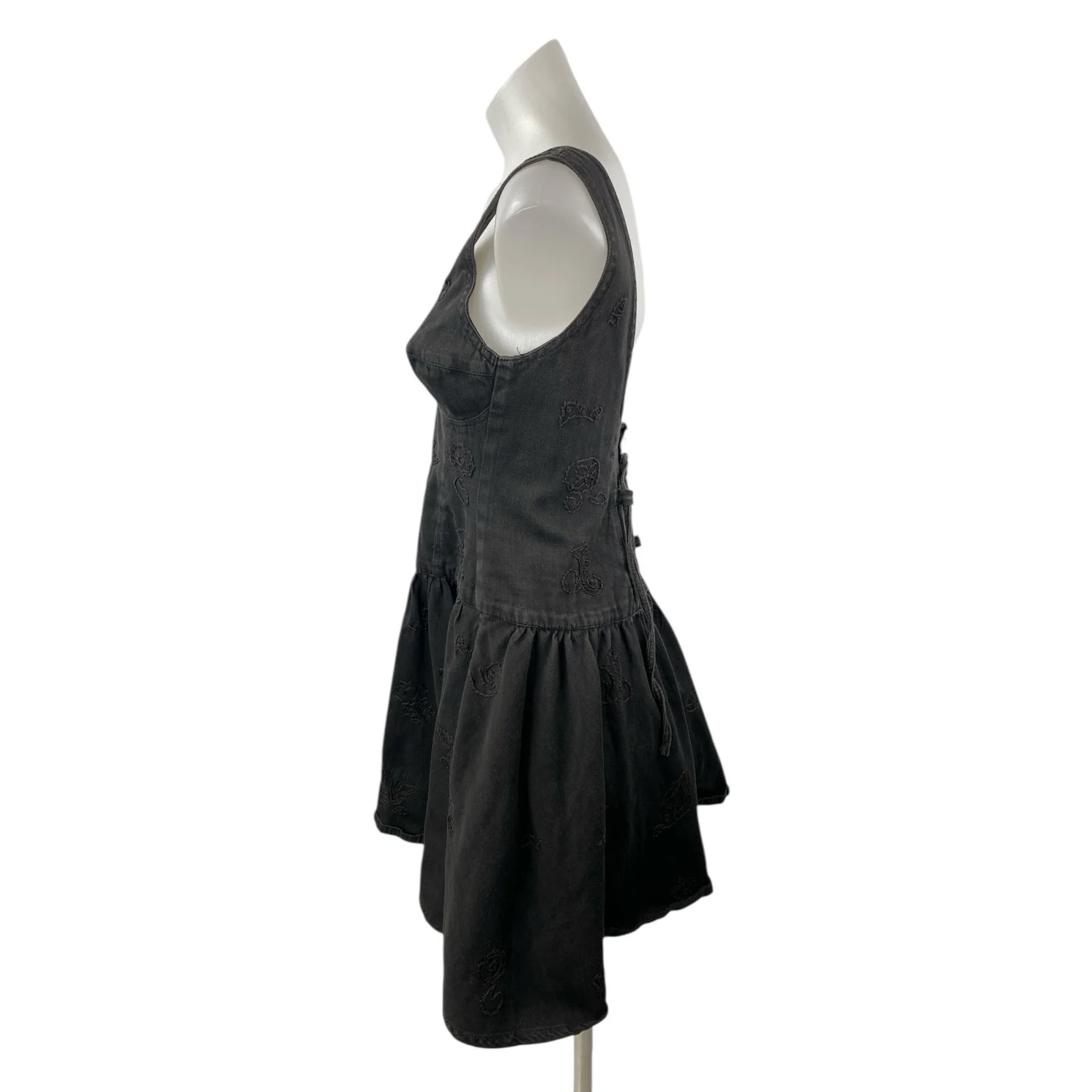 Warehouse Black Floral Embroidery Sleeveless Open Back Denim Fit & Flare Dress M - Image 3