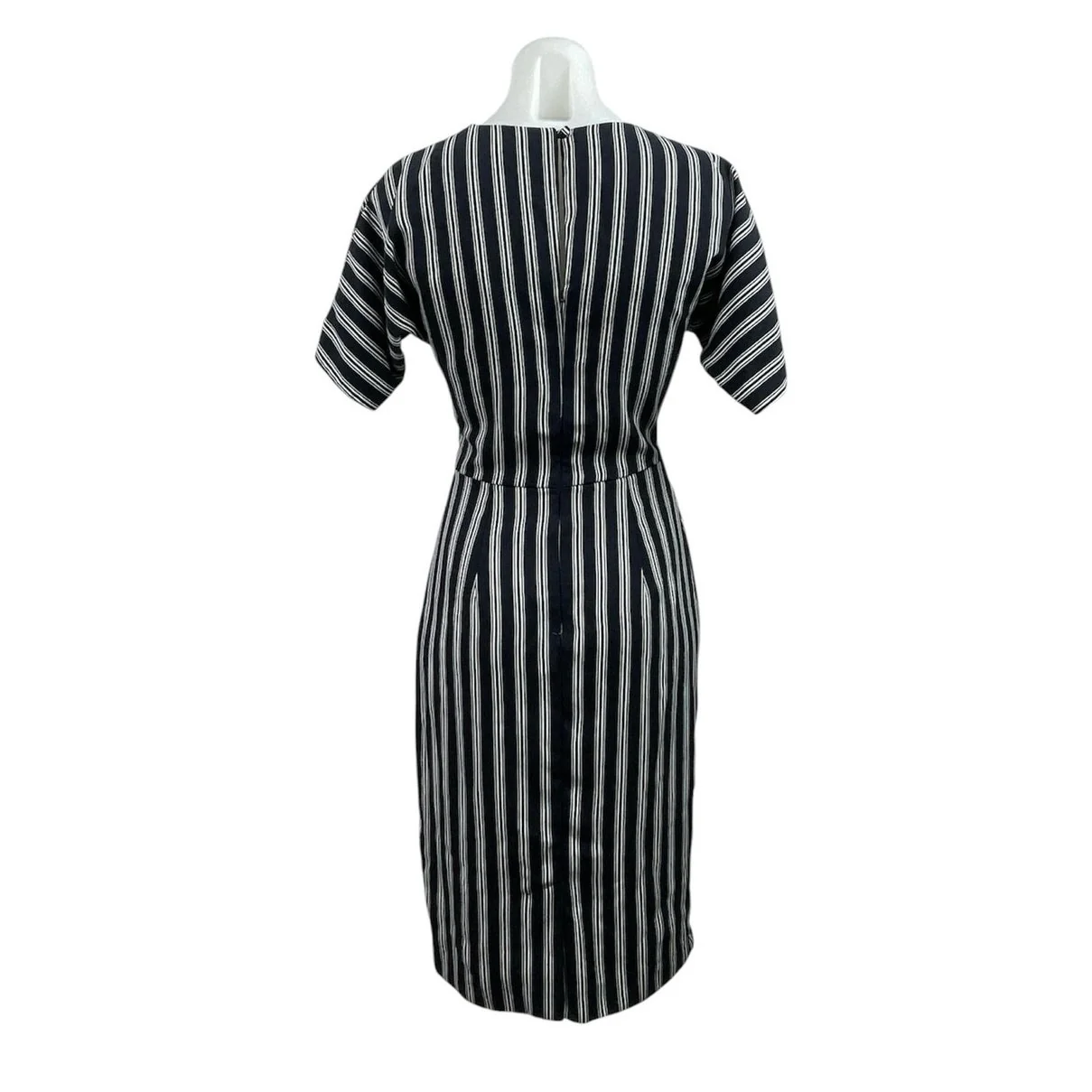 Warehouse Women's Black White Stripe Short Sleeve Belted Midi Sheath Dress Sz 8 - Image 3