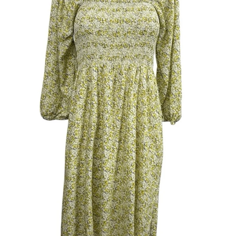 WAYF Nevaeh Yellow Ditsy Floral Smocked Long Sleeve Midi Flare A-Line Dress Sz S - Image 4
