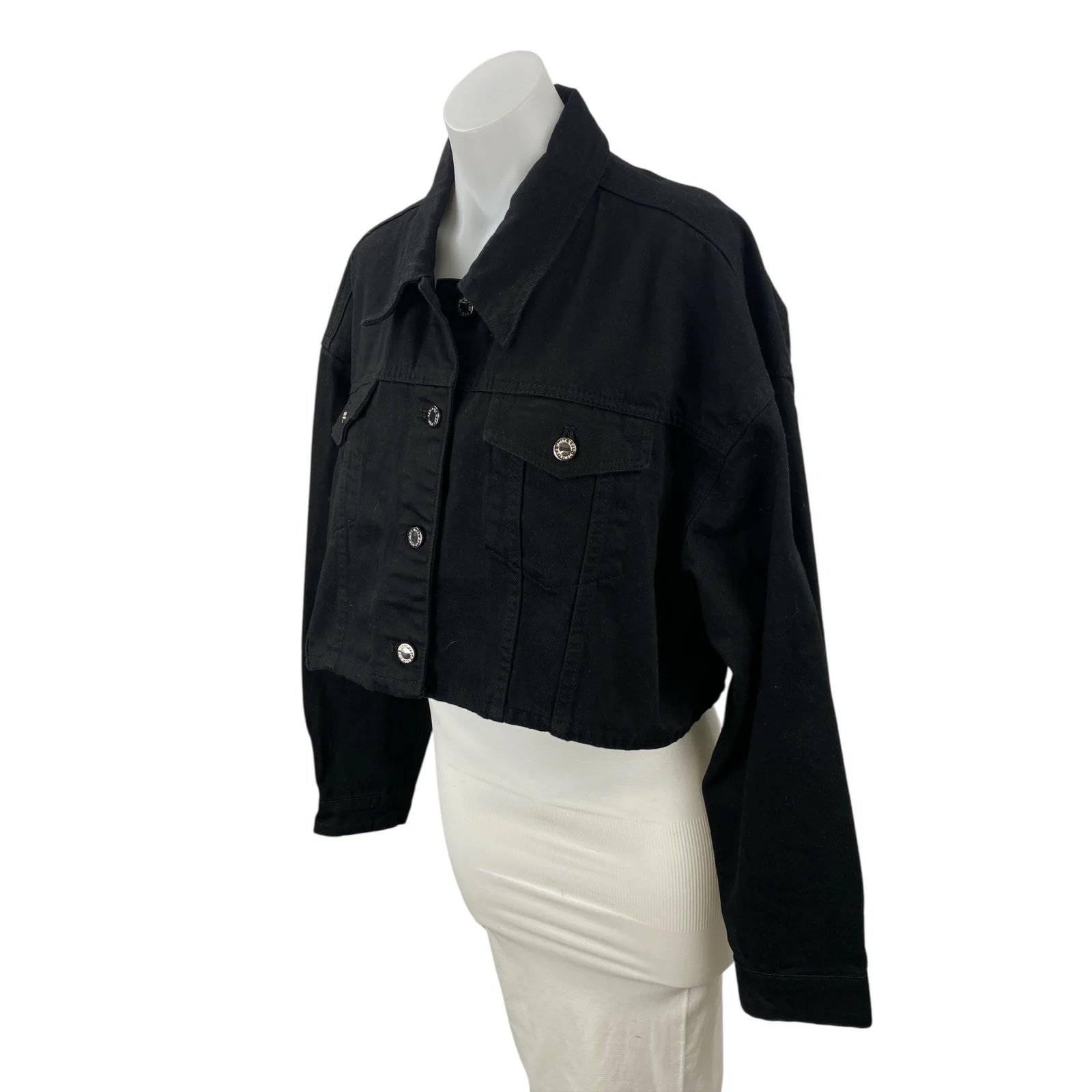 WeWoreWhat Women's Black Collared Long Sleeve Crop Boxy Denim Coat Jacket Size M - Image 2