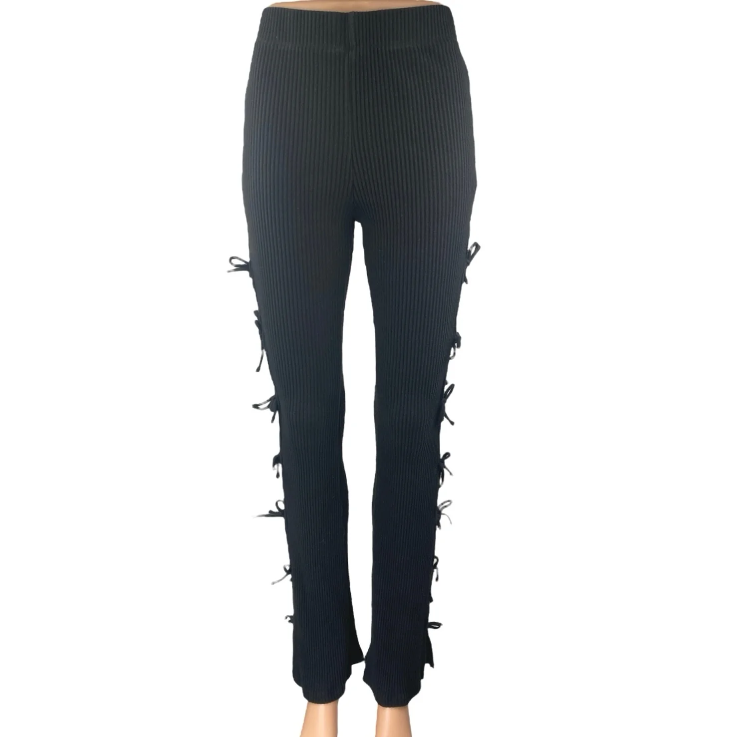 White Fox Women's Black Rib Knit Cutout Knot Side Flared Trousers Pants Size S - Image 2