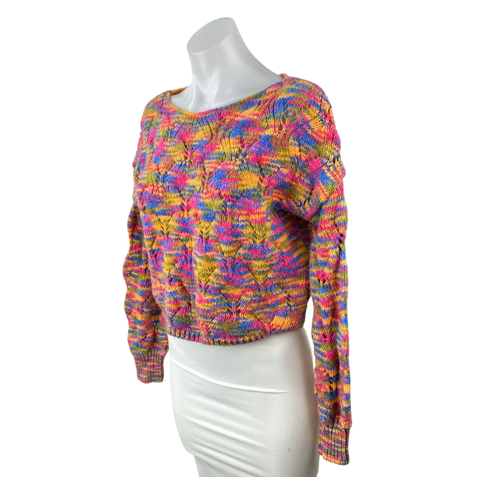 Wild Fable Multicolor Space Dye Crochet Long Sleeve Crop Pointelle Sweater Top S - Image 3