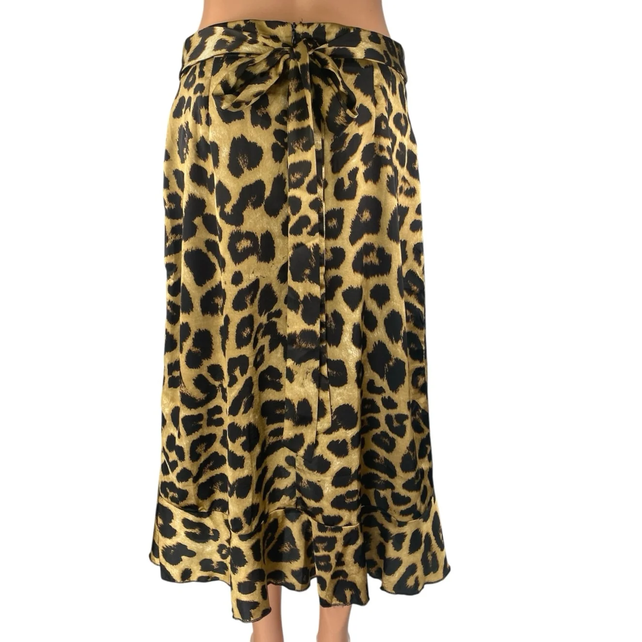 Women's Beige Black Leopard Animal Print Tie Back Ruffle Midi Skirt Size L - Image 3
