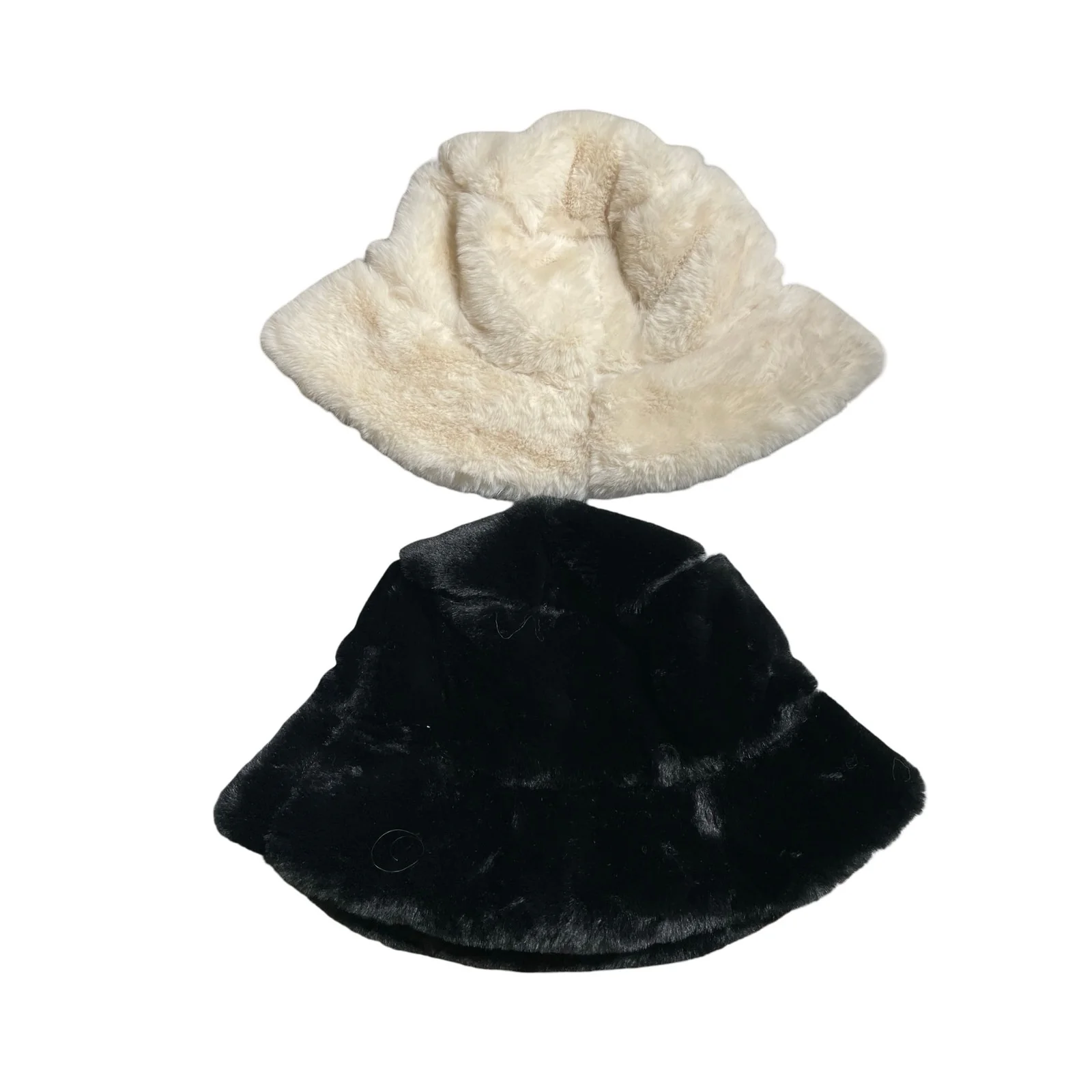 Women's Black Cream Faux Fur Fleece Soft Snow Winter Bucket Hat Cap Set of 2 OS - Image 3