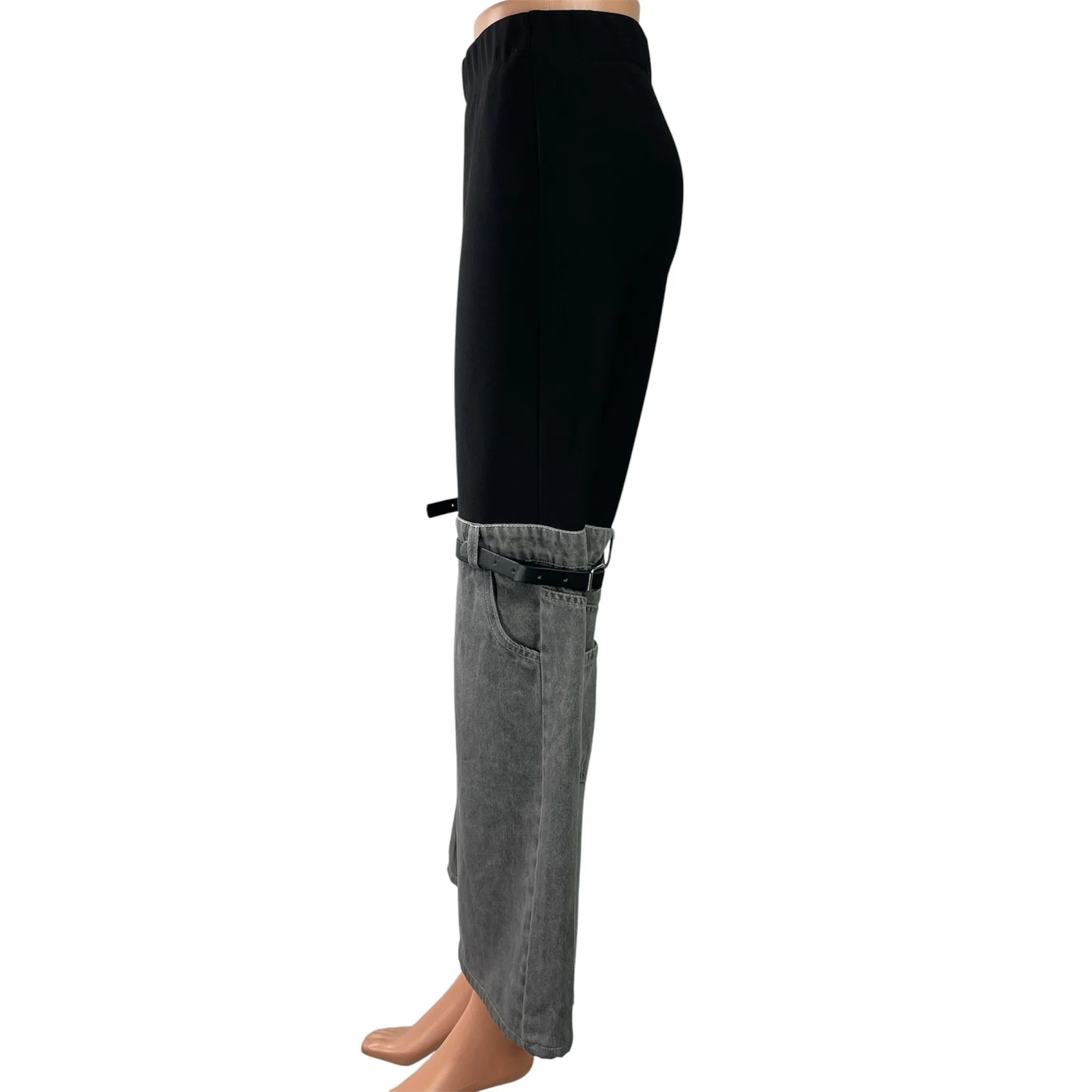 Women's Black Gray Belted Color Block High Rise Wide Leg Denim Trousers Pants XS - Image 2