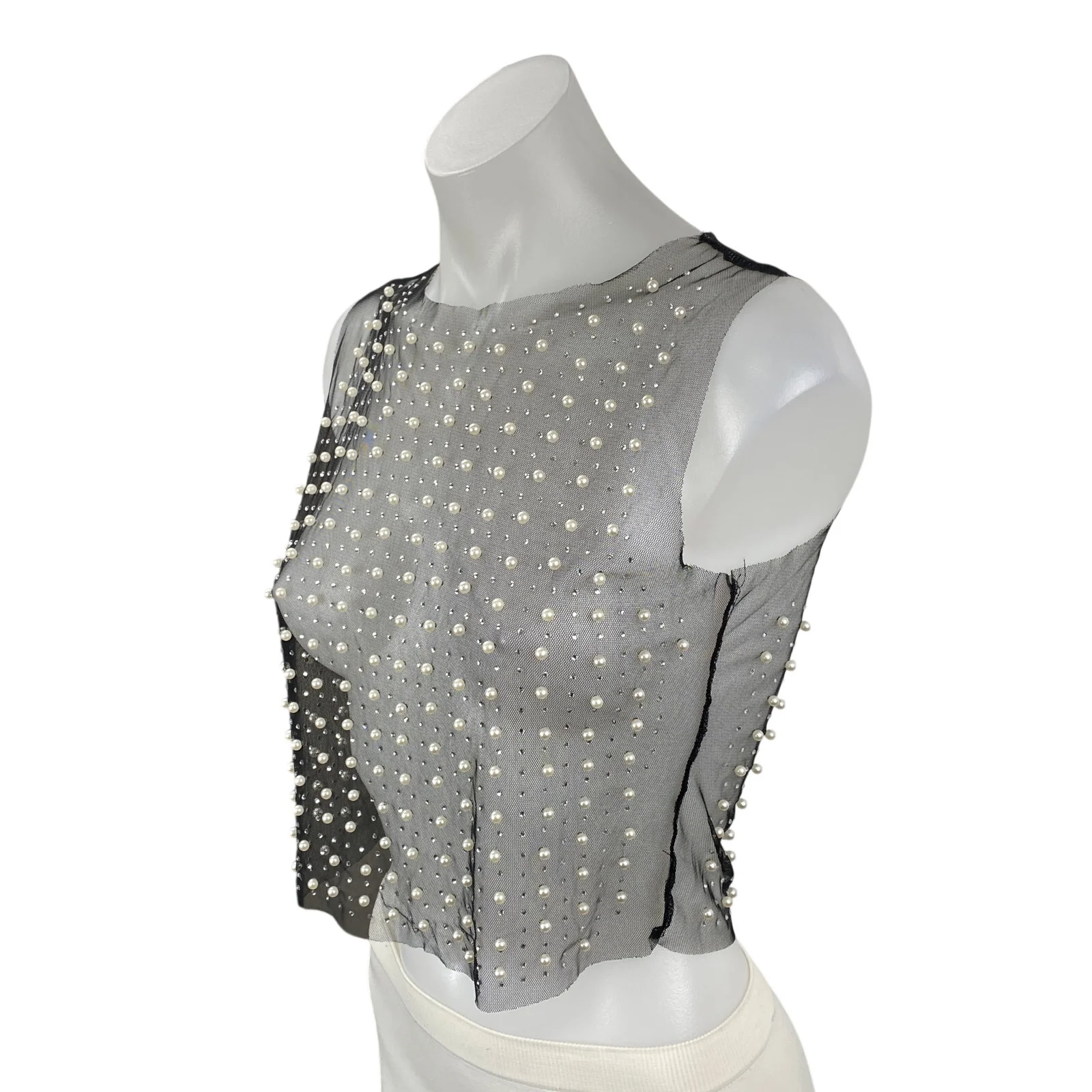 Women's Black Mesh Sheer Beaded Rhinestone Pearl Cami Tank Crop Top Size S - Image 3