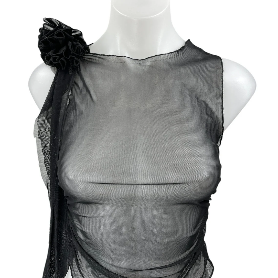 Women's Black Rose Ruffle Mesh Sheer Slim Fit Ruched Sleeveless Crop Tank Top S - Image 4