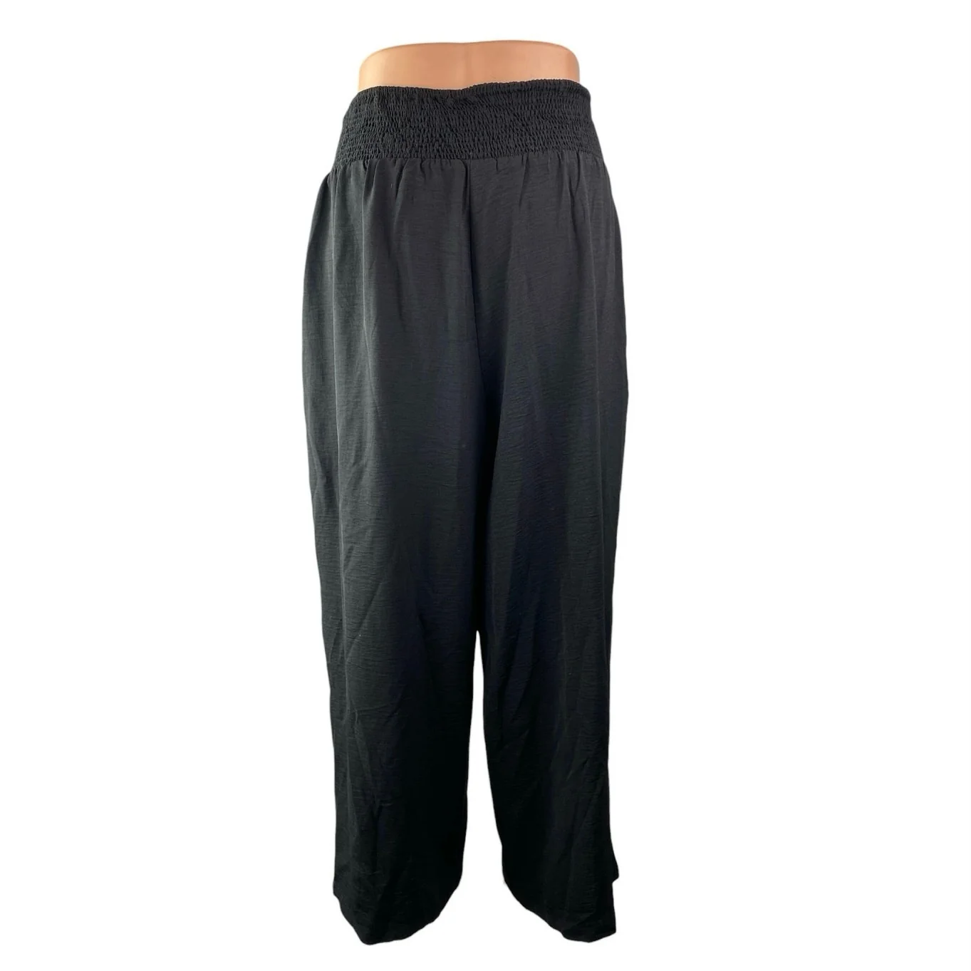 Women's Black Smocked Elastic High Waist Pleated Tapered Leg Trousers Pants Sz L - Image 2