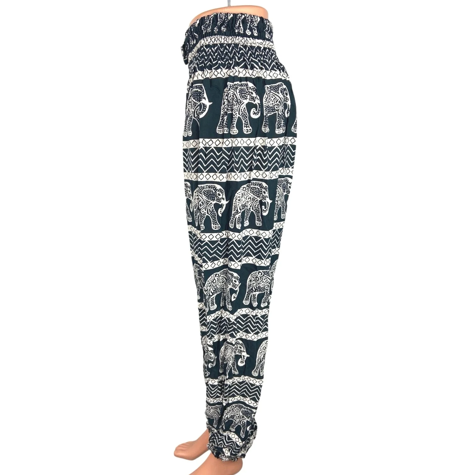 Women's Black White Drawstring Tribal Asian High Waisted Jogger Pants Size S - Image 2