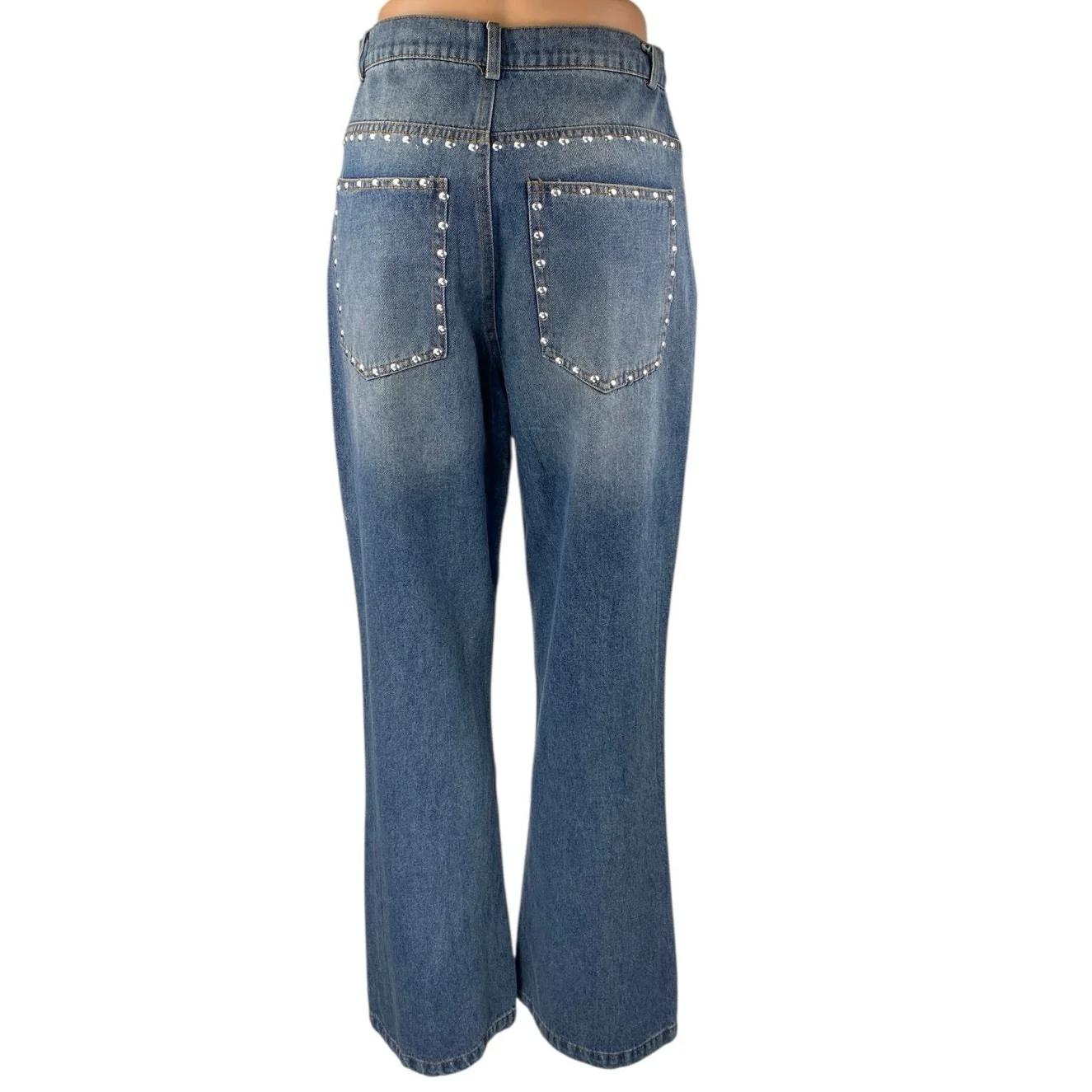 Women's Blue Studded Medium Wash High Waist Flared Bootcut Denim Jeans Pants 28 - Image 3