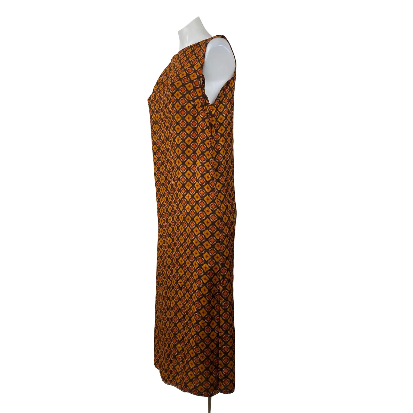 Women's Brown 100% Silk Geometric Sleeveless Bateau Neck A Line Midi Dress 12 - Image 2