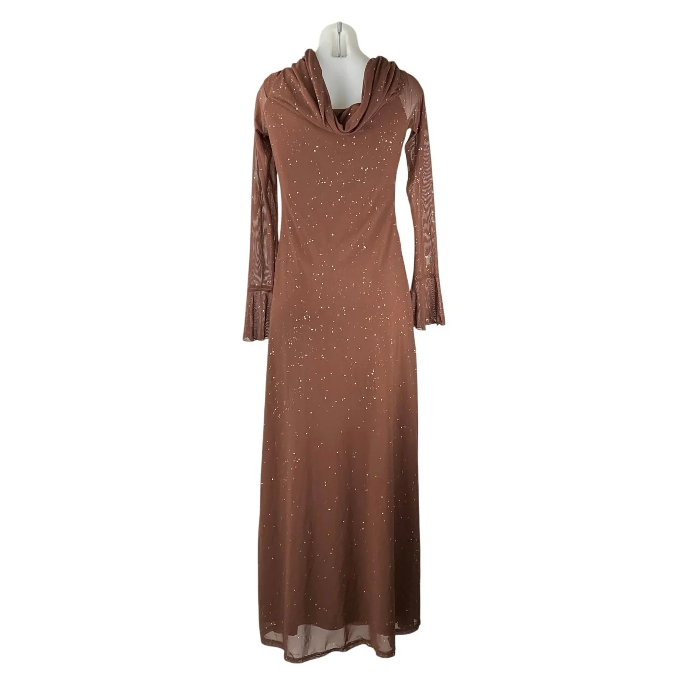 Women's Brown Splatter Long Bell Sleeve Mesh Cowl Evening Gown Maxi Dress Size L - Image 4