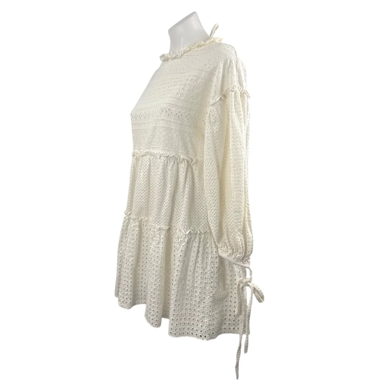 Women's Ivory Eyelet Embroidery Balloon Sleeve Tiered Mini Flare A-Line Dress S - Image 2