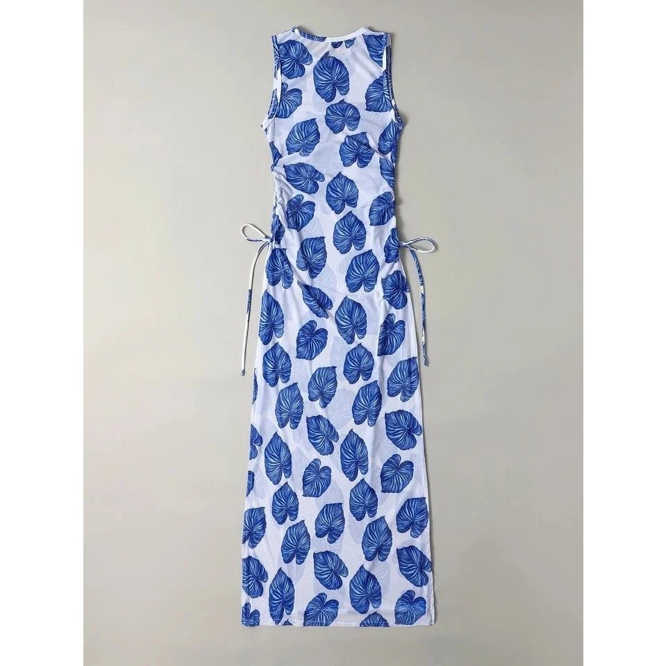 Women's Mesh Tall Semi Sheer Blue Tropical Leaf Print Swim Coverup Dress Size L - Image 4