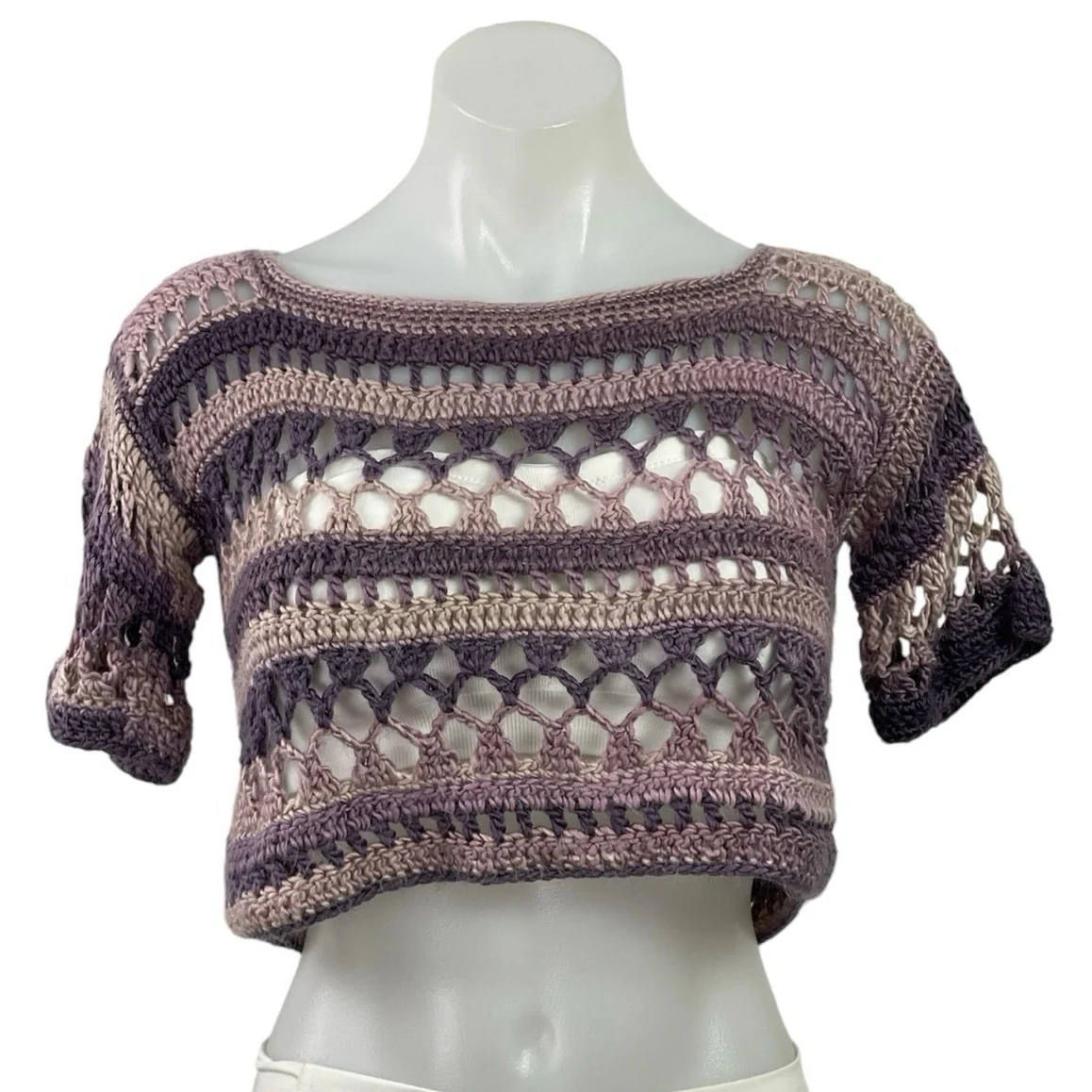 Women's Purple Short Sleeve Crochet Open Knit Boat Neck Boho Crop Top Size S