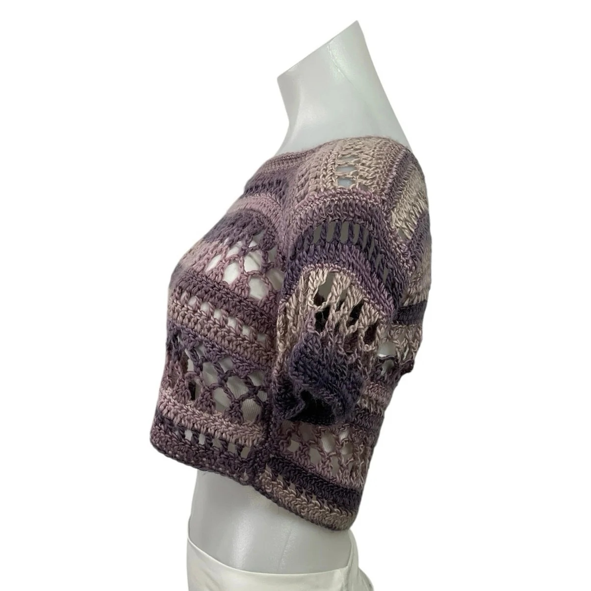 Women's Purple Short Sleeve Crochet Open Knit Boat Neck Boho Crop Top Size S - Image 2