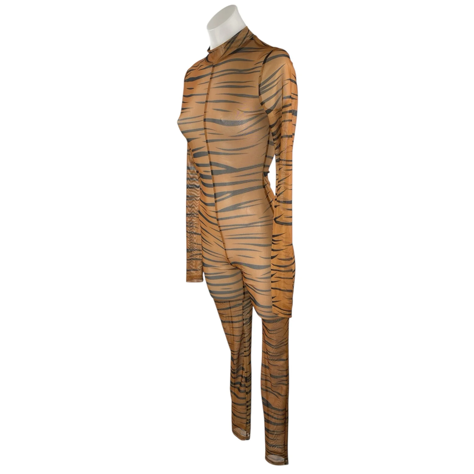 Women's Tan Black Tiger Animal Print Long Sleeve Sheer Mesh Jumpsuit Size M - Image 3