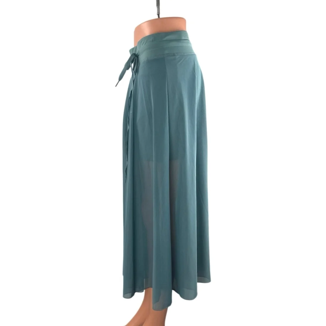 Women's Teal Blue Mesh Sheer Slit Pleated Tie Waist A Line Midi Skirt Size M - Image 2