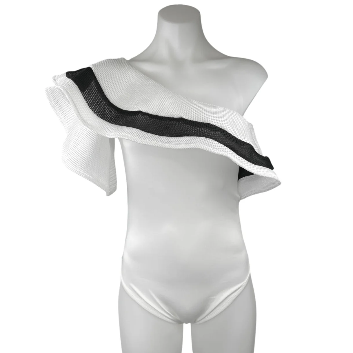 Women's White Black Ruffle Striped One Shoulder Stretch Bodysuit Top Size M