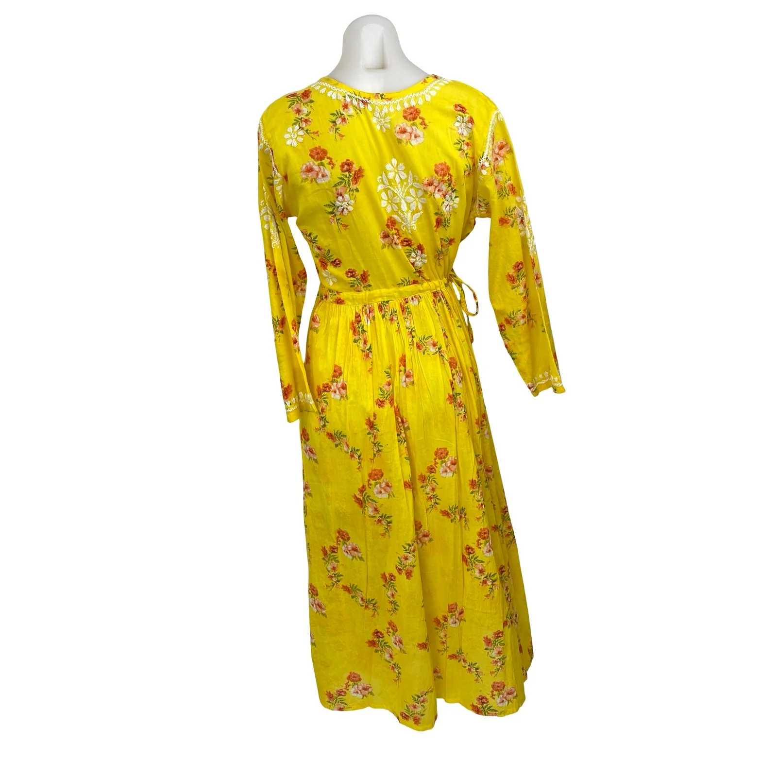 Women's Yellow Floral Embroidered 3/4Sleeve Anarkali Ethnic Maxi A-Line Dress 38 - Image 4
