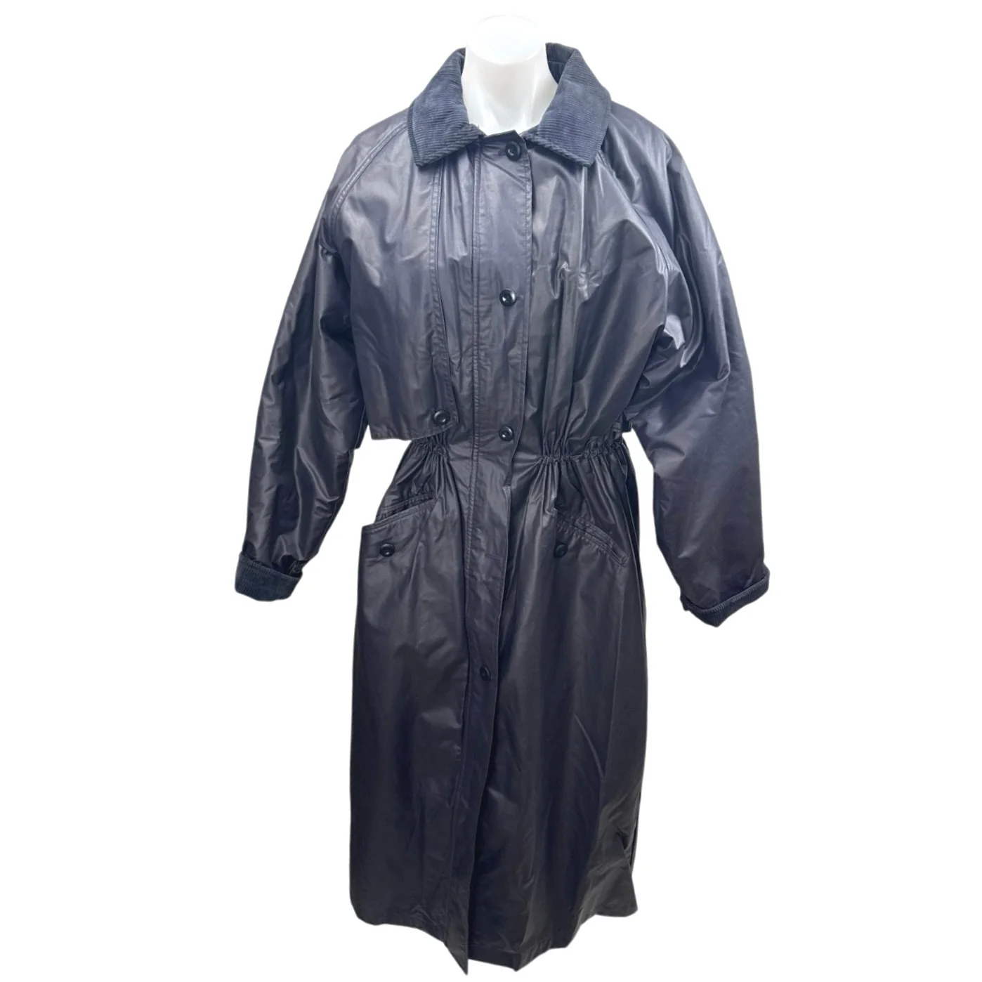 Woolrich Women's Black Faux Leather Flannel Lined Wool Trench Coat Jacket Size M